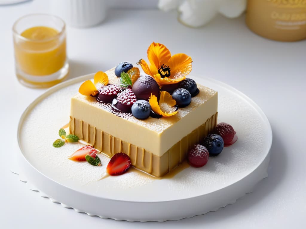  An image of a beautifully intricate dessert showcasing a fusion of flavors, with layers of delicate pastry, vibrant fruits, and drizzles of decadent sauces, all elegantly plated on a sleek, modern dish. The dessert is artfully garnished with edible flowers and gold leaf, exuding a sense of precision and sophistication in its presentation. The background is a soft, neutral color to emphasize the dessert's intricate details and the fusion of flavors it represents. hyperrealistic, full body, detailed clothing, highly detailed, cinematic lighting, stunningly beautiful, intricate, sharp focus, f/1. 8, 85mm, (centered image composition), (professionally color graded), ((bright soft diffused light)), volumetric fog, trending on instagram, trending on tumblr, HDR 4K, 8K