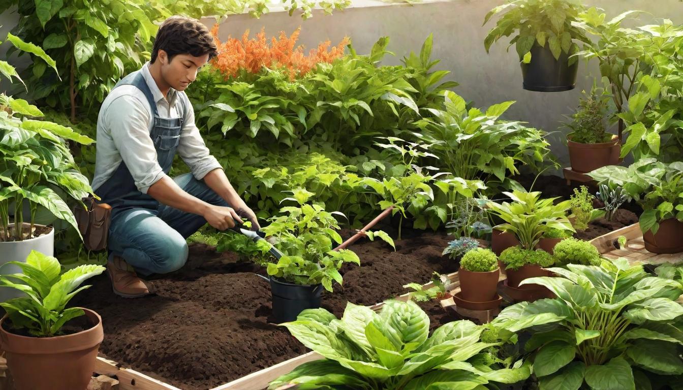  digital illustration, A person gardening, surrounded by plants, earthy tones, sense of grounding, looking at viewer, dynamic pose, (intricate details, masterpiece, best quality)