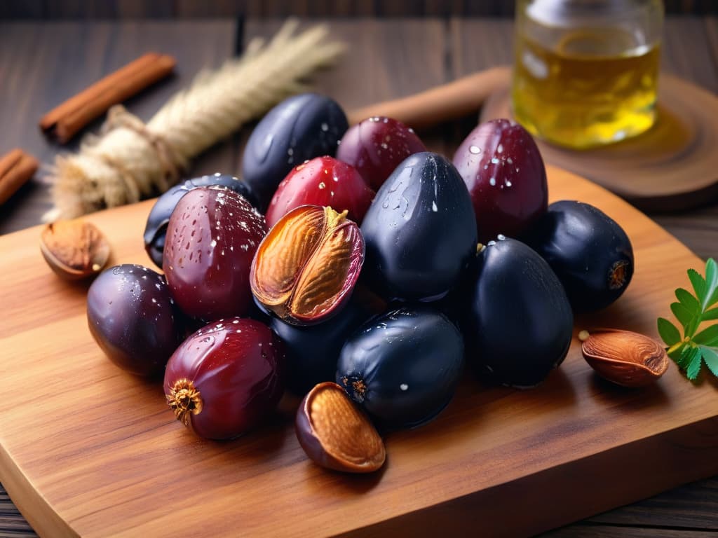  A closeup, ultradetailed image of plump dates arranged in a neat row on a rustic wooden cutting board, showcasing their glossy texture and rich, caramellike color under soft, natural lighting. The dates are surrounded by scattered whole almonds and a sprinkle of cinnamon, creating a visually appealing and appetizing composition that conveys the essence of natural sweetness and wholesome vegan ingredients. hyperrealistic, full body, detailed clothing, highly detailed, cinematic lighting, stunningly beautiful, intricate, sharp focus, f/1. 8, 85mm, (centered image composition), (professionally color graded), ((bright soft diffused light)), volumetric fog, trending on instagram, trending on tumblr, HDR 4K, 8K