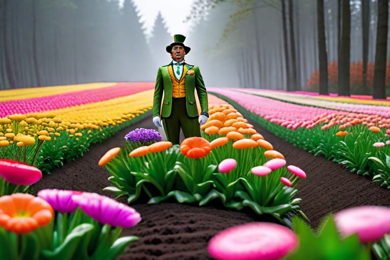  A group of possessed Oompa Loompas in a field of candy flowers. hyperrealistic, full body, detailed clothing, highly detailed, cinematic lighting, stunningly beautiful, intricate, sharp focus, f/1. 8, 85mm, (centered image composition), (professionally color graded), ((bright soft diffused light)), volumetric fog, trending on instagram, trending on tumblr, HDR 4K, 8K