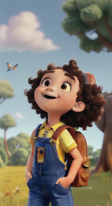  {Riley looking up at the tree with a big smile, animals surrounding them., Riley, a curious with big brown eyes and curly hair, wearing overalls and carrying a small backpack. Their friend, Skye, a bluebird with shiny feathers.