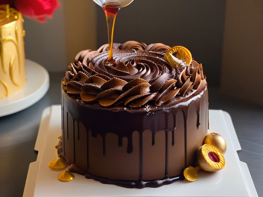  A closeup, ultradetailed image of a decadent chocolate cake being drizzled with a rich, golden liqueur, with the intricate patterns and swirls of the liquid cascading down the sides of the cake, creating a mesmerizing and luxurious effect. The focus is on the glossy texture of the cake, the vibrant color of the liqueur, and the way it enhances the dessert, evoking a sense of sophistication and indulgence. hyperrealistic, full body, detailed clothing, highly detailed, cinematic lighting, stunningly beautiful, intricate, sharp focus, f/1. 8, 85mm, (centered image composition), (professionally color graded), ((bright soft diffused light)), volumetric fog, trending on instagram, trending on tumblr, HDR 4K, 8K