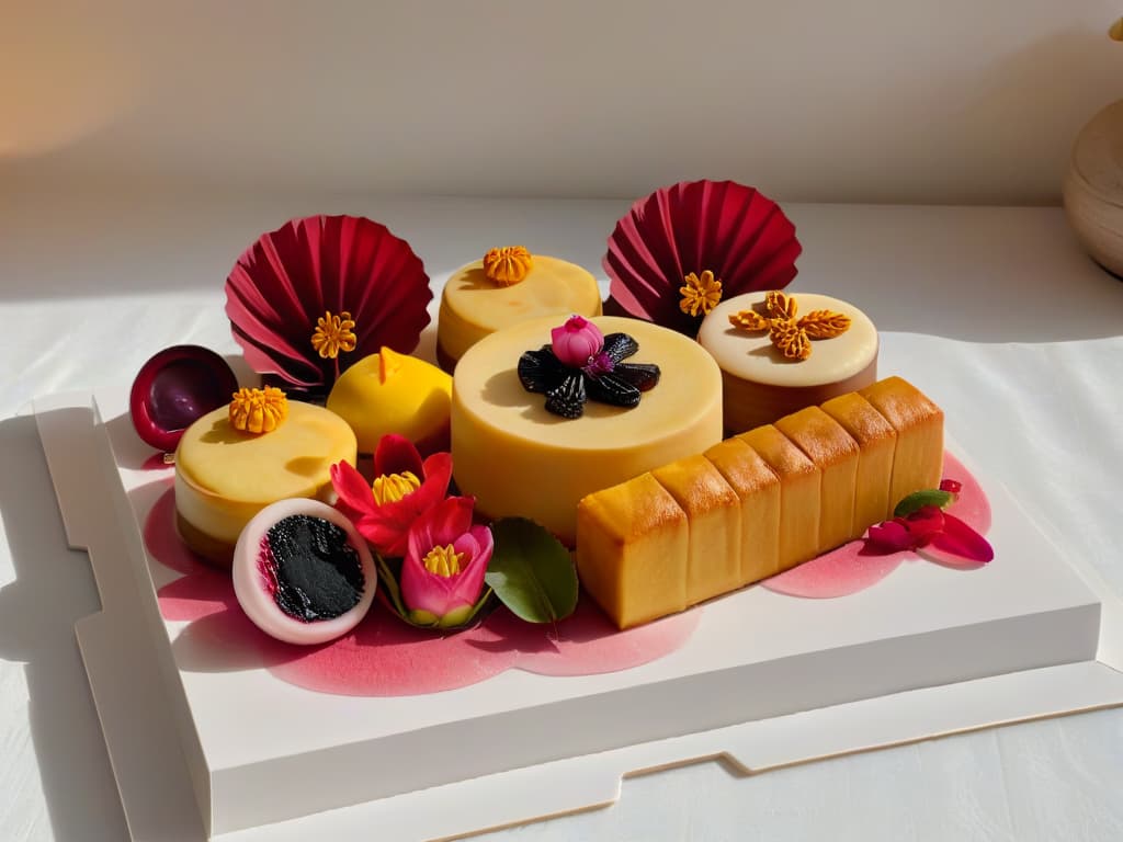  An intricate, minimalist illustration of a traditional Chinese dessert platter featuring delicate pastries like mooncakes, pineapple cakes, and red bean buns, elegantly arranged on a sleek, modern serving dish. The pastries are adorned with subtle, artful garnishes like edible flowers and gold leaf, enhancing the visual appeal of the already exquisite treats. The image is rendered in a soft, muted color palette with a focus on clean lines and intricate details, capturing the essence of the subtle yet profound influence of Chinese pastry in contemporary desserts. hyperrealistic, full body, detailed clothing, highly detailed, cinematic lighting, stunningly beautiful, intricate, sharp focus, f/1. 8, 85mm, (centered image composition), (professionally color graded), ((bright soft diffused light)), volumetric fog, trending on instagram, trending on tumblr, HDR 4K, 8K