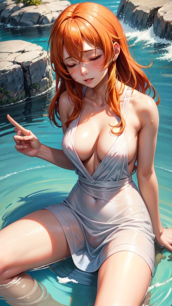  Naked, busty, pubic hair, bristle, midwife, normal position, sweaty, sperm covered, handcuffed, orange hair, long, nami, nami, dress, closed eyes,