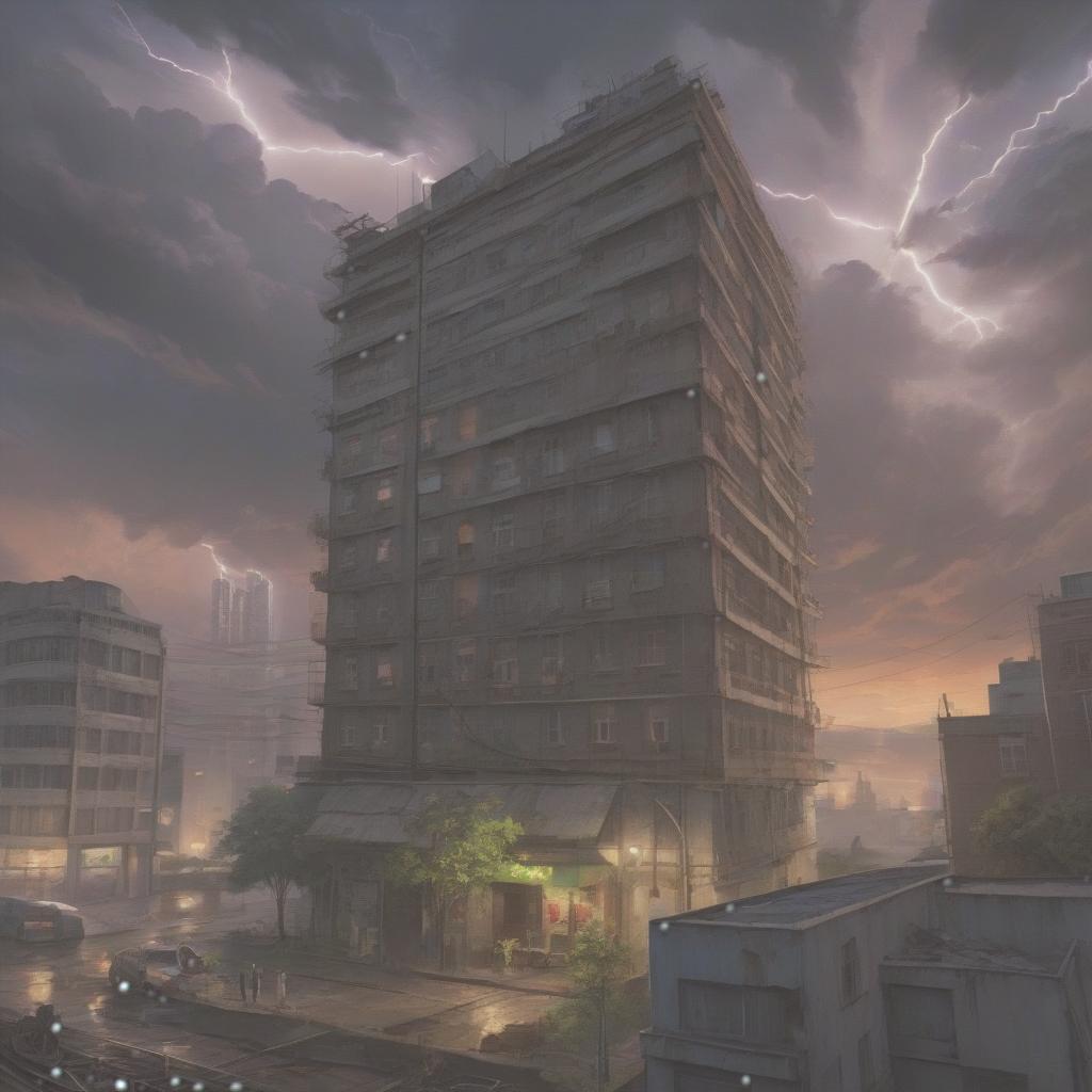  anime artwork a painting of a USSR building with a city in the background and a dark colored sky in the background lightning Mainly cloudythunder, official art, sots art, David Wojnarowicz, cyberpunk art . anime style, key visual, vibrant, studio anime, highly detailed hyperrealistic, full body, detailed clothing, highly detailed, cinematic lighting, stunningly beautiful, intricate, sharp focus, f/1. 8, 85mm, (centered image composition), (professionally color graded), ((bright soft diffused light)), volumetric fog, trending on instagram, trending on tumblr, HDR 4K, 8K