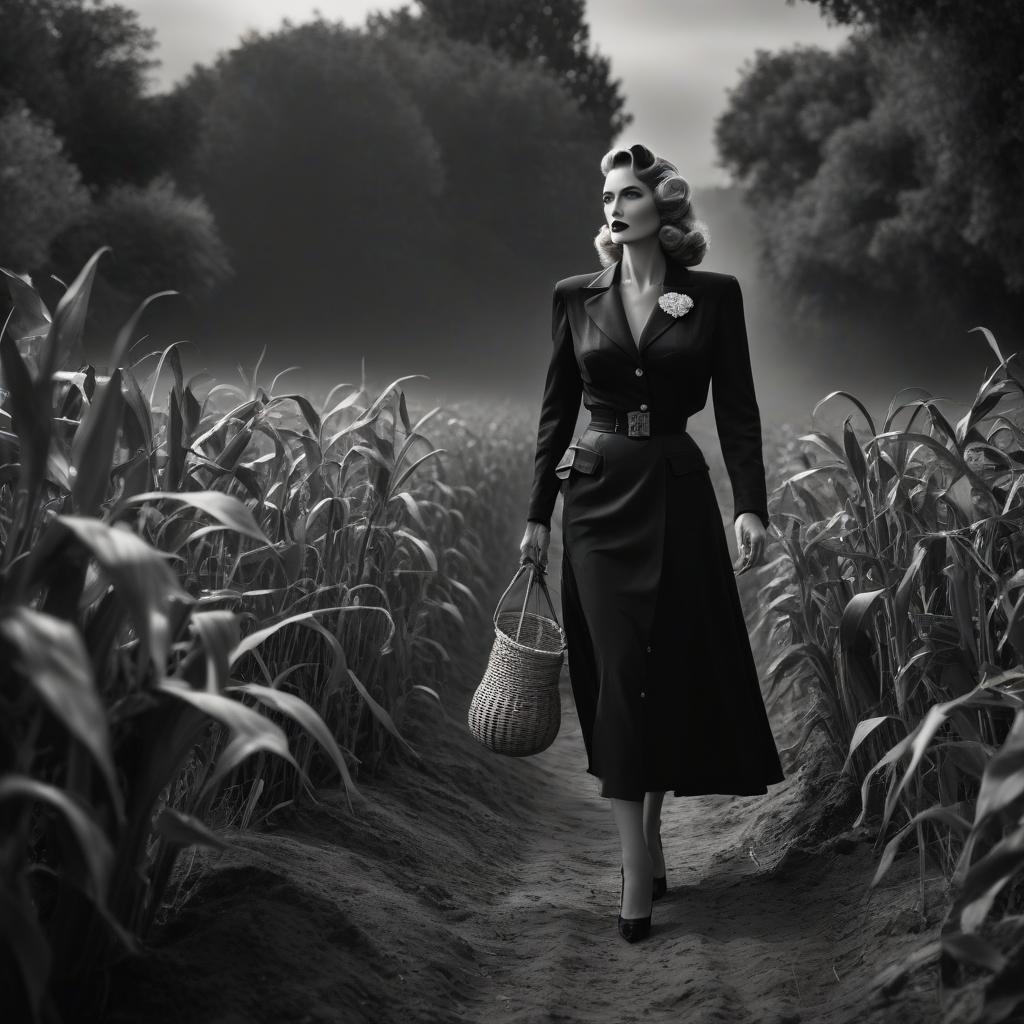  film noir style The goddess of death walks the world to gather her harvest . monochrome, high contrast, dramatic shadows, 1940s style, mysterious, cinematic hyperrealistic, full body, detailed clothing, highly detailed, cinematic lighting, stunningly beautiful, intricate, sharp focus, f/1. 8, 85mm, (centered image composition), (professionally color graded), ((bright soft diffused light)), volumetric fog, trending on instagram, trending on tumblr, HDR 4K, 8K