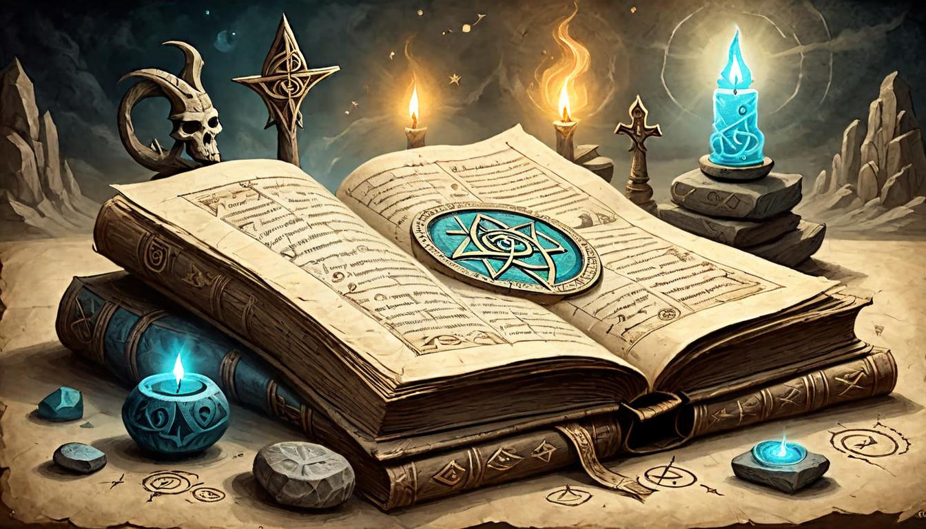  on parchment, surrealism+++, Ancient, weathered book on a stone altar, symbols and runes alight, pages glowing with arcane energy, hidden truths, mystical knowledge(mysterious, provocative, symbolic,muted color)+++