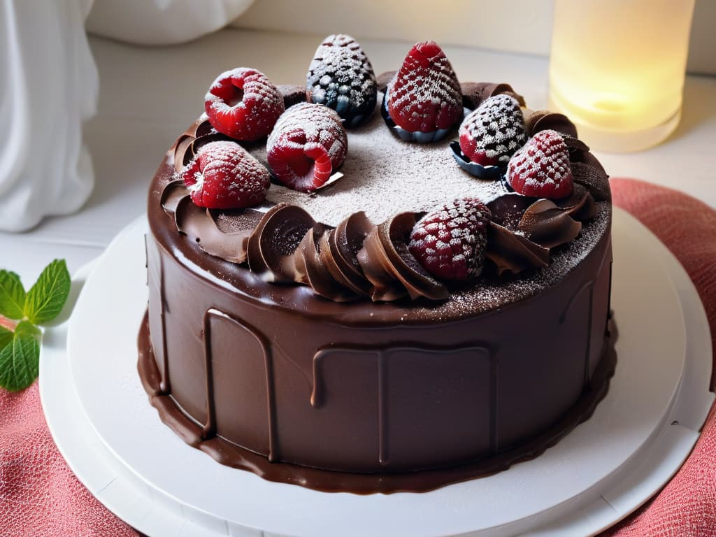  A closeup, photorealistic image of a decadent glutenfree chocolate cake with a shiny ganache glaze, adorned with fresh raspberries and mint leaves on a sleek, modern white plate. The cake's moist crumb texture is visible, with rich chocolate layers and swirls of ganache creating a visually appealing and appetizing dessert that embodies the essence of glutenfree baking with satisfying textures. The lighting is soft yet highlights the glossy finish of the ganache, showcasing the intricate details and craftsmanship of this indulgent treat. hyperrealistic, full body, detailed clothing, highly detailed, cinematic lighting, stunningly beautiful, intricate, sharp focus, f/1. 8, 85mm, (centered image composition), (professionally color graded), ((bright soft diffused light)), volumetric fog, trending on instagram, trending on tumblr, HDR 4K, 8K