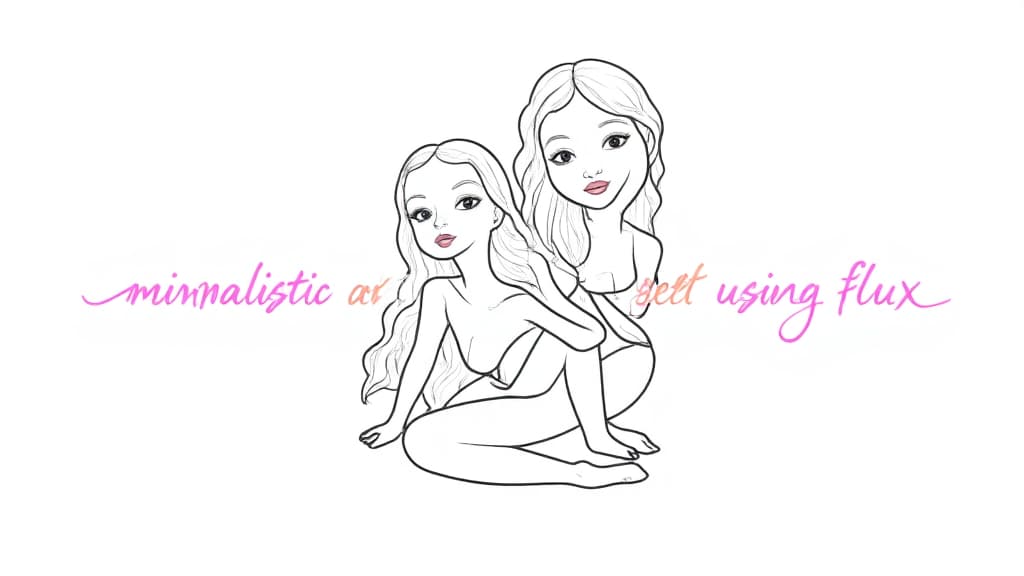  good quality, high quality, minimalistic line art of cute girls with text word "minimalistic art using flux" neon font, smooth lines, monochrome color scheme, centered, clean design, trending on dribbble, high resolution.