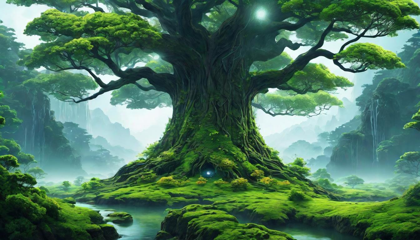  digital illustration A serene landscape merging technology and nature, digital trees bloom with light, roots intertwine with circuits, growth and innovation, blending harmoniously, dawn of a new symbiosis, peaceful coexistence looking at viewer, dynamic pose, (intricate details, masterpiece, best quality)