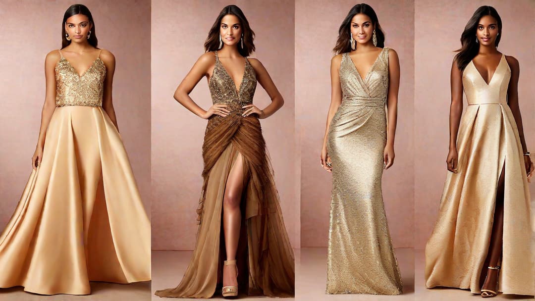  Create an image that showcases a champagne dress paired with complementary colors, creating a visually striking look. Use a mix of warm, earthy tones and metallic accents to capture the elegance and sophistication of the champagne dress. Incorporate different textures and fabrics to add depth and dimension to the overall ensemble. Imagine the image as a style guide for readers seeking inspiration on coordinating colors with their champagne dress. hyperrealistic, full body, detailed clothing, highly detailed, cinematic lighting, stunningly beautiful, intricate, sharp focus, f/1. 8, 85mm, (centered image composition), (professionally color graded), ((bright soft diffused light)), volumetric fog, trending on instagram, trending on tumblr, HDR 4K, 8K