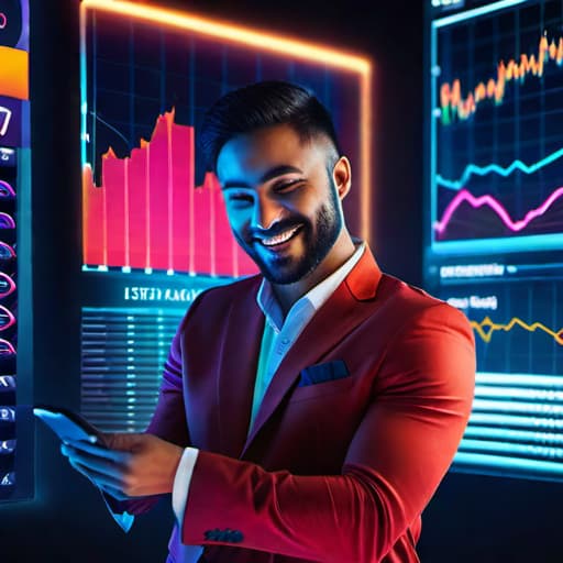  Colorful digital art of a smiling young entrepreneur using a sleek mobile app to track affiliate links and earnings, with glowing graphs and charts in the background, vibrant neon colors, futuristic user interface, dramatic lighting, trending on social media, highly detailed, 8K resolution, unedited, symmetrical balance, in frame hyperrealistic, full body, detailed clothing, highly detailed, cinematic lighting, stunningly beautiful, intricate, sharp focus, f/1. 8, 85mm, (centered image composition), (professionally color graded), ((bright soft diffused light)), volumetric fog, trending on instagram, trending on tumblr, HDR 4K, 8K