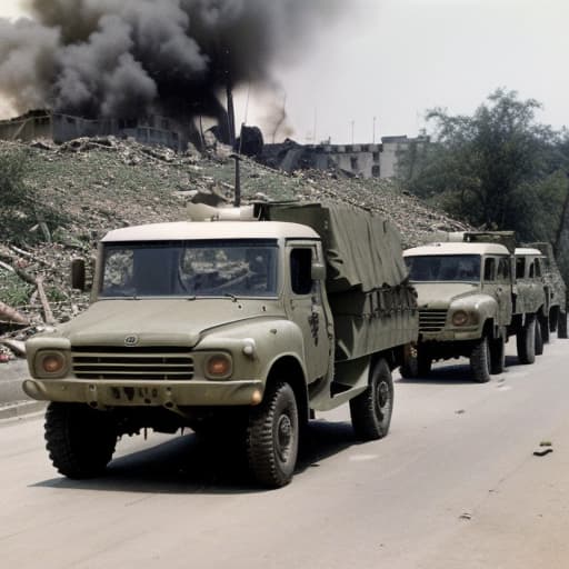  Image of military trucks and soldiers on it near destroyed hospital (1960s)