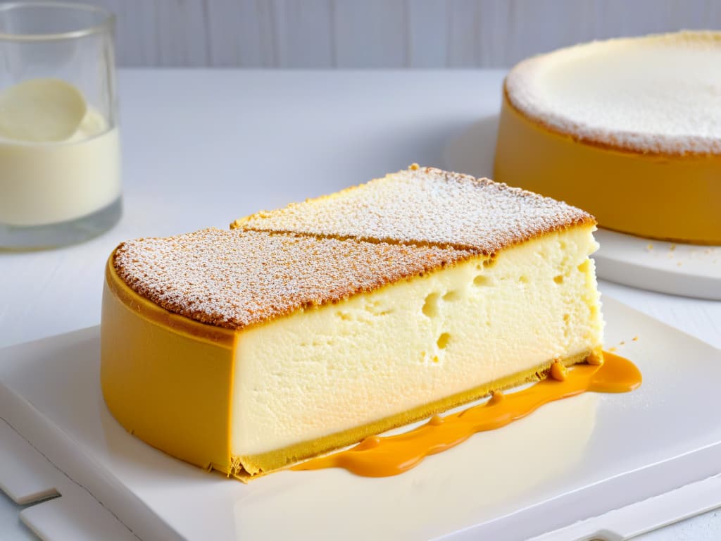  A closeup, ultradetailed image of a perfectly sliced vegan cheesecake made with silky tofu, showcasing layers of creamy filling and a crumbly, golden crust. The focus is on the smooth texture of the cheesecake, with tiny specks of vanilla beans visible in the filling and a light dusting of powdered sugar on top. The minimalist composition highlights the elegance and simplicity of this dairyfree dessert, inviting the viewer to indulge in its lusciousness. hyperrealistic, full body, detailed clothing, highly detailed, cinematic lighting, stunningly beautiful, intricate, sharp focus, f/1. 8, 85mm, (centered image composition), (professionally color graded), ((bright soft diffused light)), volumetric fog, trending on instagram, trending on tumblr, HDR 4K, 8K