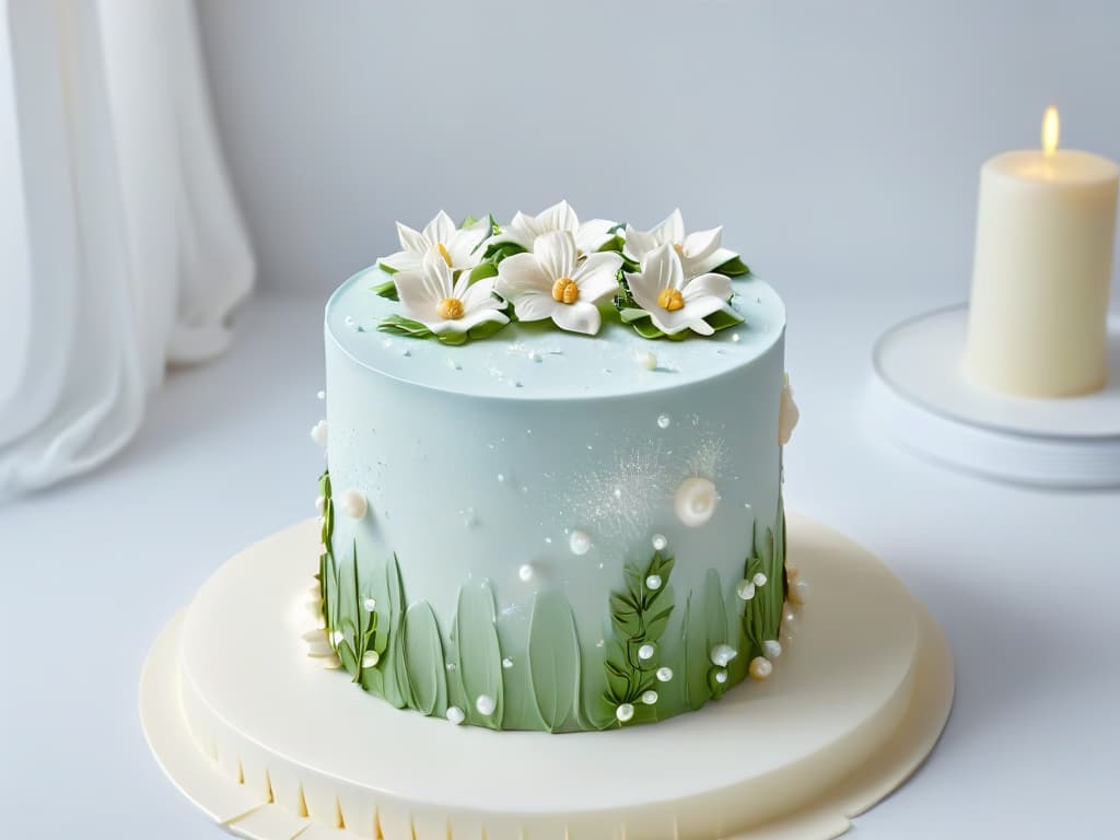  A minimalistic image of a delicate, intricately designed pearl dust shaker, casting a soft, elegant shimmer on a pristine white fondant cake decorated with subtle floral accents in pastel hues. The backdrop is a clean, crisp white surface, enhancing the luxurious and sophisticated feel of the scene, perfect for a professional and inspirational article on incorporating pearl dust in pastry making. hyperrealistic, full body, detailed clothing, highly detailed, cinematic lighting, stunningly beautiful, intricate, sharp focus, f/1. 8, 85mm, (centered image composition), (professionally color graded), ((bright soft diffused light)), volumetric fog, trending on instagram, trending on tumblr, HDR 4K, 8K