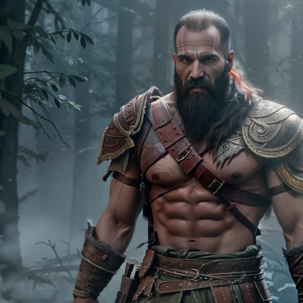  God of war hyperrealistic, full body, detailed clothing, highly detailed, cinematic lighting, stunningly beautiful, intricate, sharp focus, f/1. 8, 85mm, (centered image composition), (professionally color graded), ((bright soft diffused light)), volumetric fog, trending on instagram, trending on tumblr, HDR 4K, 8K