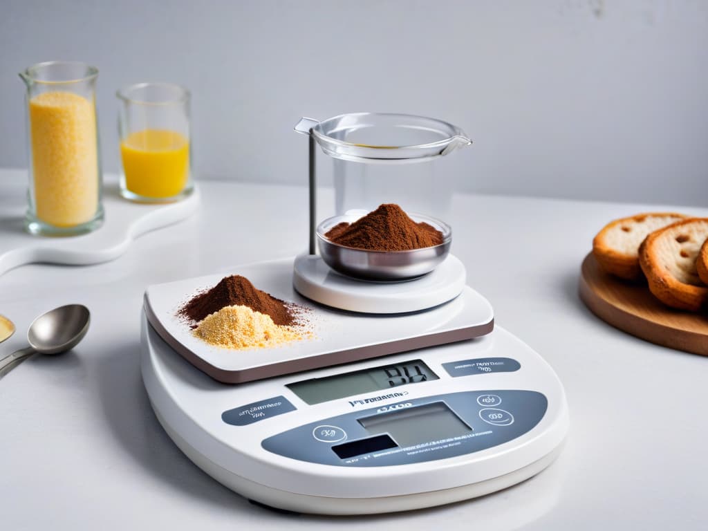  An image of a sleek, modern kitchen scale with a digital display, placed on a marble countertop next to a stack of pastelcolored measuring cups and spoons. The scale is turned on, showing a precise measurement of flour, with a scattering of cocoa powder around it. The background is softly blurred to keep the focus on the kitchen scale and baking utensils, emphasizing the importance of precision in modern baking. hyperrealistic, full body, detailed clothing, highly detailed, cinematic lighting, stunningly beautiful, intricate, sharp focus, f/1. 8, 85mm, (centered image composition), (professionally color graded), ((bright soft diffused light)), volumetric fog, trending on instagram, trending on tumblr, HDR 4K, 8K