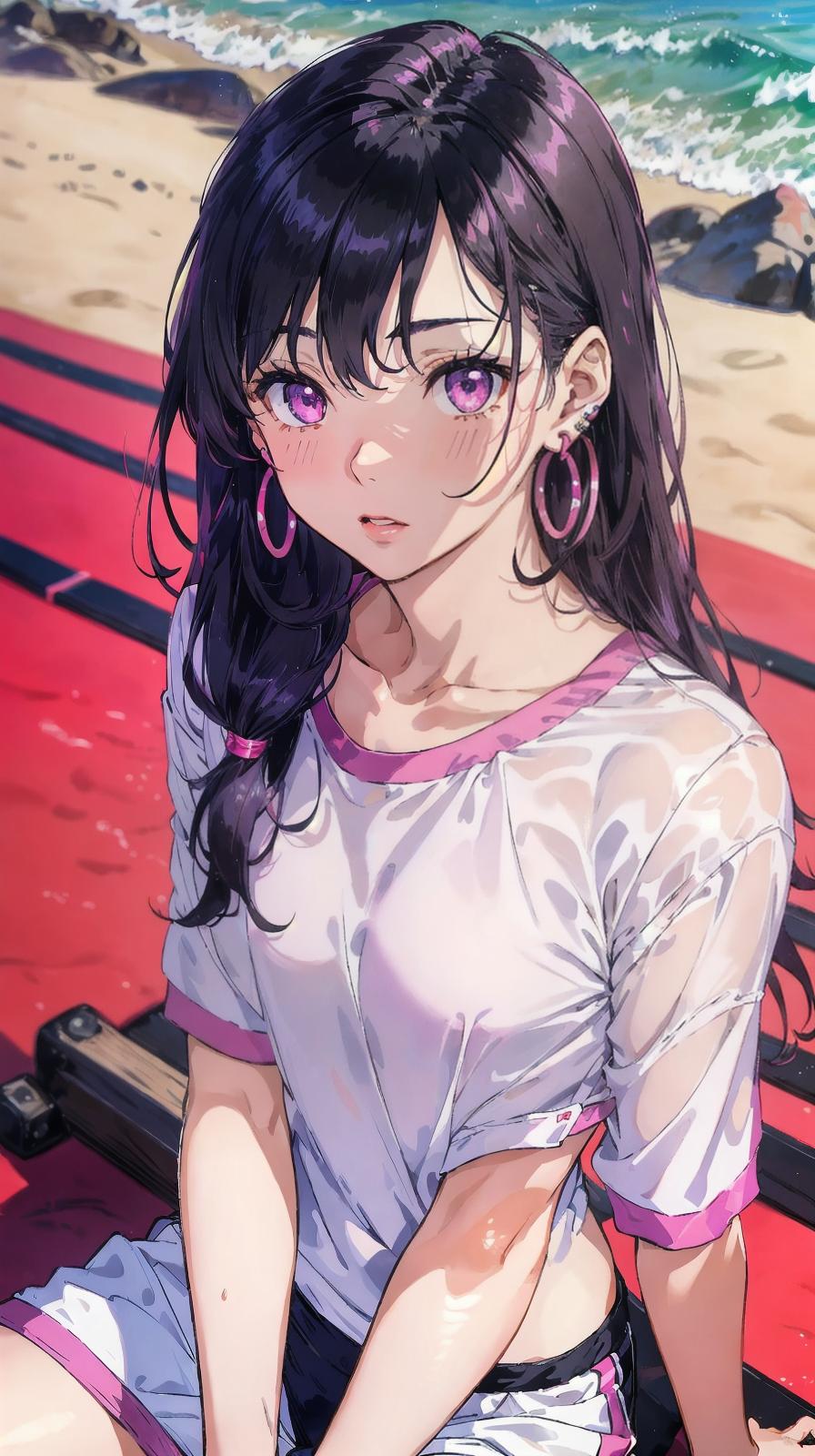  master piece , best quality,Evening seaside JK, black hair, hair inner color vivid pink, medium hair, light purple eyes, seductive upward glance, slightly red cheeks, thin earrings, sitting in gym, white thin clothes, thin clothing, beautiful collarbone