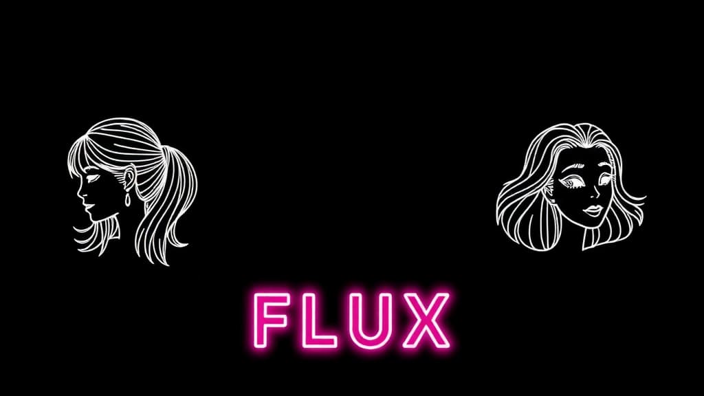  good quality, high quality, minimalistic line art of cute girls with text word "minimalistic art using flux" neon font, smooth lines, monochrome color scheme, centered, clean design, trending on dribbble, high resolution.