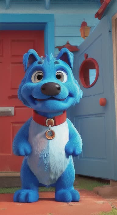  {Max the big blue dog standing in front of a cozy little house with a red door, The big blue dog is large with sky blue fur, big round eyes, a black nose, and floppy ears.