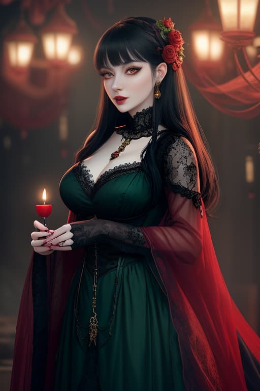  A beautiful with black hair and very pale skin with blushed cheeks, large eyes, a lace mask on her face with fine facial features and plump lips in a Gothic style, wearing a dark green dress with lace and many candles in lanterns, blue lit luminosity, a red colored amulet around her neck, a red wine filled goblet, a black cat sitting on her , and a realistic representation with a blurred background, a red rose in her hands. hyperrealistic, full body, detailed clothing, highly detailed, cinematic lighting, stunningly beautiful, intricate, sharp focus, f/1. 8, 85mm, (centered image composition), (professionally color graded), ((bright soft diffused light)), volumetric fog, trending on instagram, trending on tumblr, HDR 4K, 8K