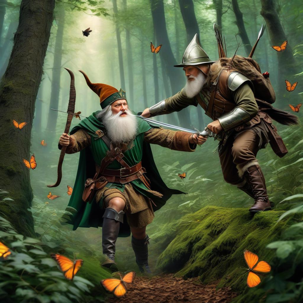  Old Slavic fairy tale, ART, a Robin Hood fights a terrible gnome in a fairytale forest, fluttering butterflies, action scene, fantasy, medium close up, art by Vincent Segrelles hyperrealistic, full body, detailed clothing, highly detailed, cinematic lighting, stunningly beautiful, intricate, sharp focus, f/1. 8, 85mm, (centered image composition), (professionally color graded), ((bright soft diffused light)), volumetric fog, trending on instagram, trending on tumblr, HDR 4K, 8K