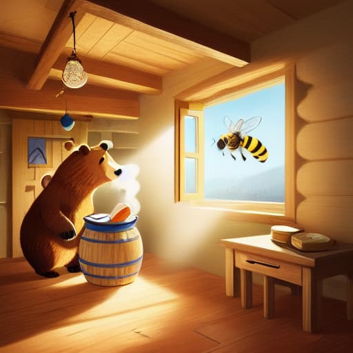  a bear is standing, bee flyin from the window, light coming through window