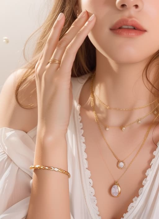  a close up of a woman wearing a white shirt and gold jewelry, gold jewerly, gold jewlery, gold jewelry, thin gold details, gold and pearl necklaces, golden and silver jewerly, bracelets and necklaces, golden jewelry, multiple golden necklaces, high delicate defined details, detailed jewelry, gold accessories, gold necklace, golden jewellery, golden jewelery,award winning composition,high quality,masterpiece,extremely detailed,high res,4k,ultra high res,detailed shadow,ultra realistic,dramatic lighting,bright light