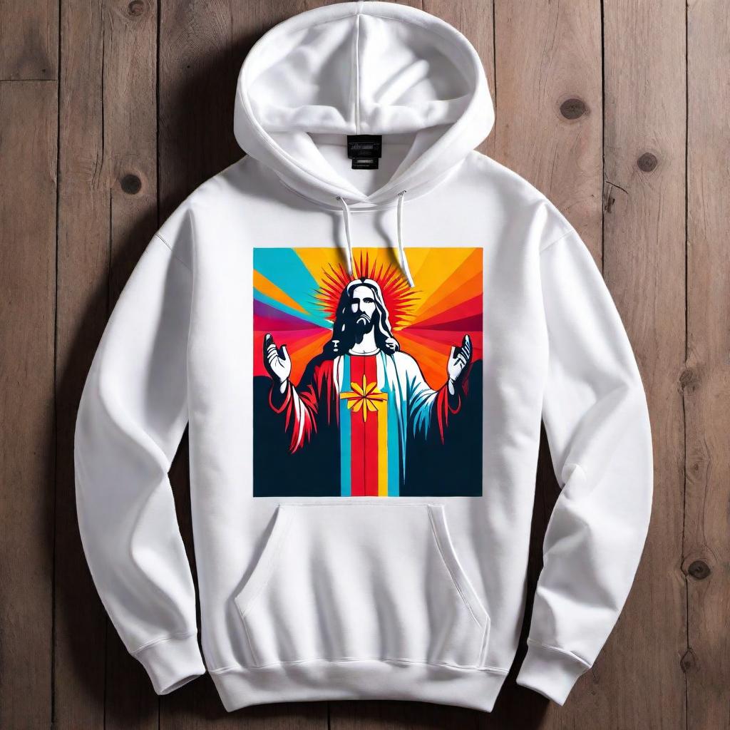  Design a white hoodie sweater with vibrant, colorful graphics. The graphics should include various artistic elements and decorations that convey a sense of love and admiration, with the central theme focusing on the phrase 'I Love Jesus'. This phrase should be prominently displayed on the sweater in an aesthetically pleasing way, incorporating the use of multiple colors to make it stand out. The overall design should evoke a cheerful and positive feeling, showcasing the colors and the phrase in harmony with the theme of love and faith. hyperrealistic, full body, detailed clothing, highly detailed, cinematic lighting, stunningly beautiful, intricate, sharp focus, f/1. 8, 85mm, (centered image composition), (professionally color graded), ((bright soft diffused light)), volumetric fog, trending on instagram, trending on tumblr, HDR 4K, 8K