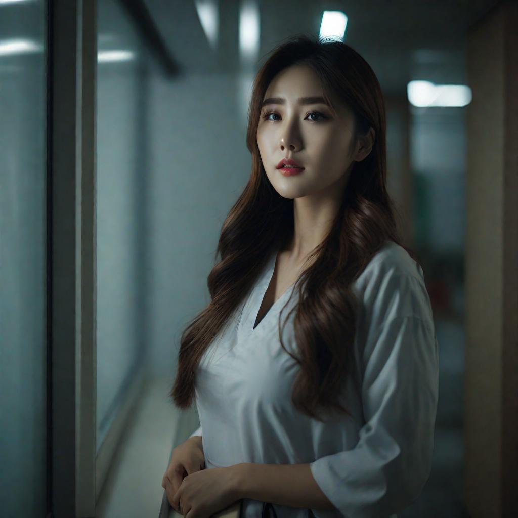  cinematic film still of beautiful korean girl with long hair stands in the hospital corridor and looks through the window into the room, night, dim light, hyper-realistic, detailed, high quality, mijorney style, 8k, raw photo, best quality, ultrarealistic, ultra-detailed, vignette, highly detailed, high budget, bokeh, cinemascope, moody, epic, gorgeous, film grain, grainylora:xlrealbeta1:0.5, shallow depth of field, vignette, highly detailed, high budget, bokeh, cinemascope, moody, epic, gorgeous, film grain, grainyneg promtanime, cartoon, graphic, text, painting, crayon, graphite, abstract, glitch, deformed, mutated, ugly, disfigured, anime, cartoon, graphic, text, painting, crayon, graphite, abstract, glitch, gaussian noise, badly drawn,  hyperrealistic, full body, detailed clothing, highly detailed, cinematic lighting, stunningly beautiful, intricate, sharp focus, f/1. 8, 85mm, (centered image composition), (professionally color graded), ((bright soft diffused light)), volumetric fog, trending on instagram, trending on tumblr, HDR 4K, 8K