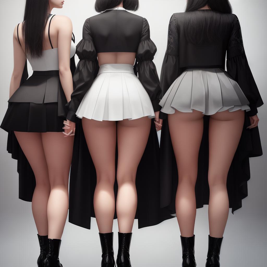  (A masterpiece of) three girls seen from the back and three girls seen from the front, all wearing very short skirts, outfits, and high boots, in a realistic style. The artwork should be of the best quality, 8k resolution, and ultra-detailed. hyperrealistic, full body, detailed clothing, highly detailed, cinematic lighting, stunningly beautiful, intricate, sharp focus, f/1. 8, 85mm, (centered image composition), (professionally color graded), ((bright soft diffused light)), volumetric fog, trending on instagram, trending on tumblr, HDR 4K, 8K
