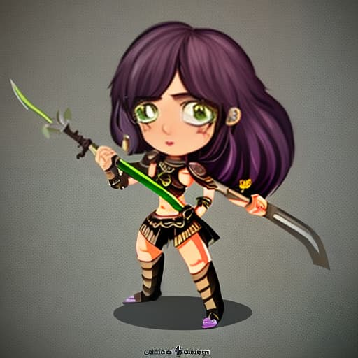  Chibi style warhammer girl in armour with a chainsword Purple curly hair Tan skin color Green and brown eyes