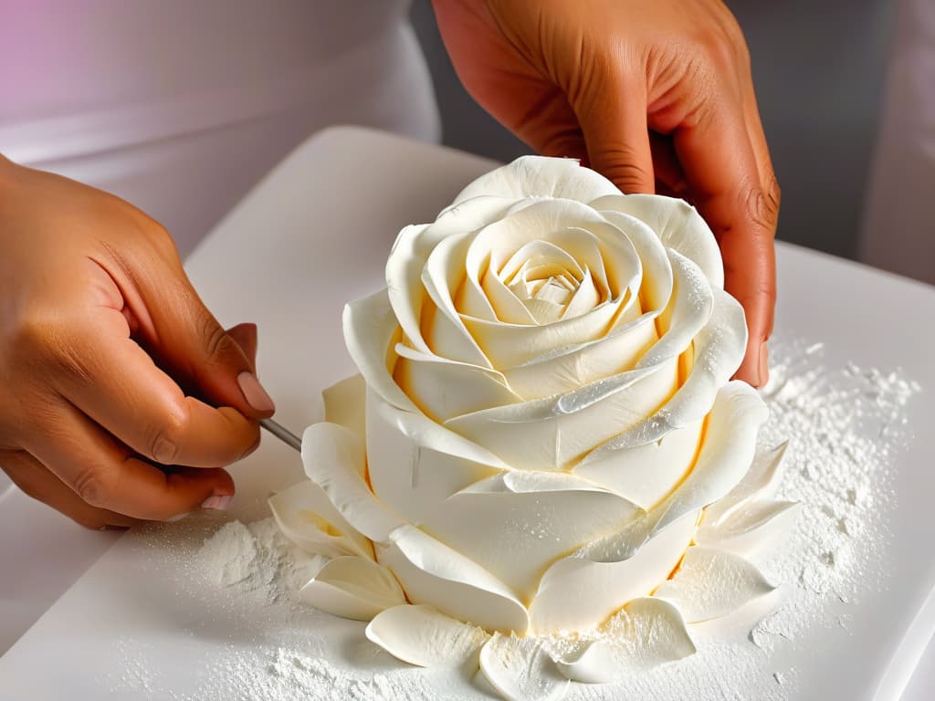  A closeup, ultradetailed image of a pair of skilled hands delicately sculpting a intricate sugar rose, capturing the focused expression of the artist as they work on their masterpiece. The hands are dusted with a fine layer of powdered sugar, showcasing the precise movements and expertise required in creating sugar sculptures. The background is blurred to emphasize the artistry of the sculptor's hands, with soft natural light casting subtle shadows to add depth and dimension to the image. hyperrealistic, full body, detailed clothing, highly detailed, cinematic lighting, stunningly beautiful, intricate, sharp focus, f/1. 8, 85mm, (centered image composition), (professionally color graded), ((bright soft diffused light)), volumetric fog, trending on instagram, trending on tumblr, HDR 4K, 8K