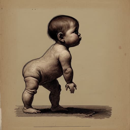  draw, viewed from the side, a human-like of about old stands upright on two , timidly like a , and she poops a big mess in her diaper, a very poopy and very dark brown bulging