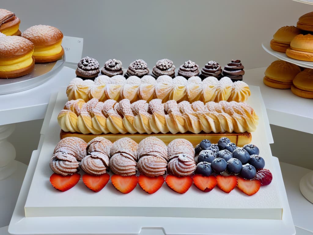  A beautifully arranged, overhead shot of a sleek, white marble countertop in a modern kitchen, featuring an array of colorful, freshly baked pastries and desserts meticulously placed in a symmetrical pattern. The pastries include flaky croissants, vibrant fruit tarts, decadent chocolate eclairs, and delicate macarons, all exquisitely garnished with fresh berries, edible flowers, and a dusting of powdered sugar. The soft natural light streaming in from a nearby window casts a gentle glow on the treats, highlighting their textures and colors, while the clean lines and minimalist decor of the kitchen create a sense of elegant simplicity and culinary mastery. hyperrealistic, full body, detailed clothing, highly detailed, cinematic lighting, stunningly beautiful, intricate, sharp focus, f/1. 8, 85mm, (centered image composition), (professionally color graded), ((bright soft diffused light)), volumetric fog, trending on instagram, trending on tumblr, HDR 4K, 8K