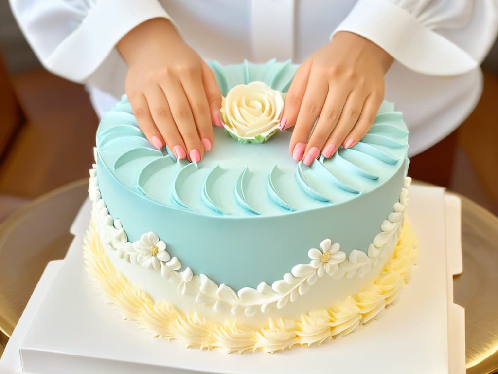  A beautifully crafted, minimalist image of a pastelero's hands delicately piping intricate designs onto a stunning multitiered cake. The focus is on the hands, showcasing the precision and artistry involved in cake decorating. The background is a soft, neutral color to make the details of the piping stand out, emphasizing the professionalism and skill of the pastelero. hyperrealistic, full body, detailed clothing, highly detailed, cinematic lighting, stunningly beautiful, intricate, sharp focus, f/1. 8, 85mm, (centered image composition), (professionally color graded), ((bright soft diffused light)), volumetric fog, trending on instagram, trending on tumblr, HDR 4K, 8K