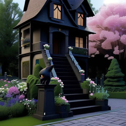  Black cat is standing on a staircase in a garden with flowers and a house