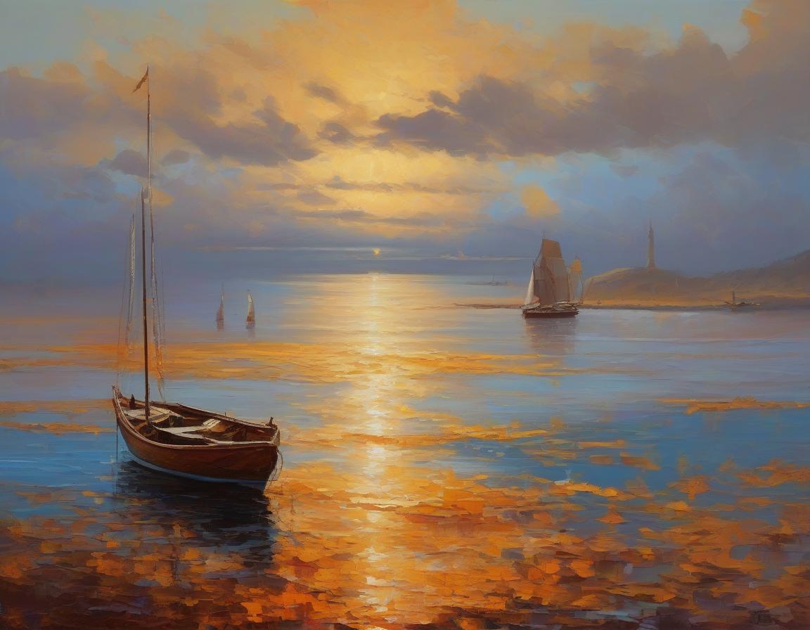  retro game art The breathtaking yellow orange gold oil painting on the left, made with a palette knife, large horizontal lines of color, textured strokes, which depicts a sky without clouds, a dark brown boat without a mast floating in the distance, a calm golden sea, the sea floating on the boundless ocean creates a feeling of tranquility. The overall atmosphere in the picture is mysterious and awe inspiring, photo 0 is orange and gold . Colors: blue, sea wave, orange, light blue, beige, white, brown. blue gold red sky without clouds, orange, beige pink, blue purple boat on the left yellow orange gold oil painting . 16 bit, vibrant colors, pixelated, nostalgic, charming, fun hyperrealistic, full body, detailed clothing, highly detailed, cinematic lighting, stunningly beautiful, intricate, sharp focus, f/1. 8, 85mm, (centered image composition), (professionally color graded), ((bright soft diffused light)), volumetric fog, trending on instagram, trending on tumblr, HDR 4K, 8K