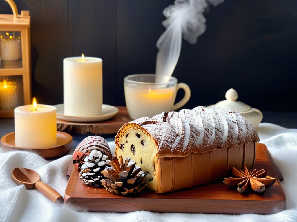  A cozy Christmas kitchen scene featuring a long wooden table adorned with an array of traditional European Christmas sweets such as German Stollen, Spanish Polvorones, British mince pies, Italian panettone, and French yule log. The table is elegantly decorated with twinkling fairy lights, pine cones, and sprigs of holly, creating a warm and festive ambiance. Steam rises from a cup of hot chocolate next to a vintage teapot, while a dusting of powdered sugar glistens on the pastries, inviting viewers to indulge in the holiday spirit. hyperrealistic, full body, detailed clothing, highly detailed, cinematic lighting, stunningly beautiful, intricate, sharp focus, f/1. 8, 85mm, (centered image composition), (professionally color graded), ((bright soft diffused light)), volumetric fog, trending on instagram, trending on tumblr, HDR 4K, 8K