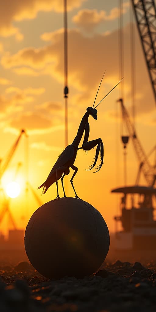  good quality, high quality, a mantis standing on the wreckingball of a yellow crane, sunset, highly detailed, photorealistic, epic, yellow cranes in the background