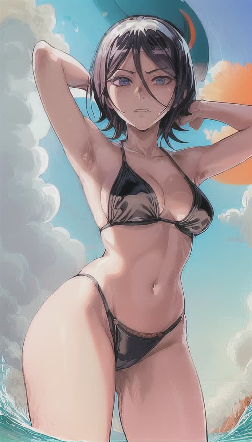  ((((detailed illustration of Rukia Kuchiki from Bleach)))), (((1 woman))), (((solo))), (((single drawing))), (((solo person))), highres, absurdres, (((laughing))), neat teeth, (((hands behind head))), exposed armpits, (((((armpit hair))))), (small breasts), (short black hair), fine detail, (((masterpiece))), looking at viewer, full body, (((from below))), ((happy expression)), (((day at the beach))), (violet eyes), ((perfect eyes)), ((beautiful eyes)), ((((highly detailed eyes)))), shiny lens, best anatomy, ((nice hands)), best quality, sunshine, tropcal background, (orange bikini), nice hands, detailed facial expressions, detailed nose, detailed hair, detailed mouth, professional art style, ((expressive eyes)), high resolution, high qualit