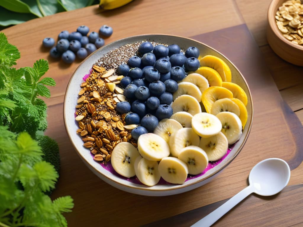  A closeup, highresolution image of a colorful acai bowl topped with fresh blueberries, sliced bananas, chia seeds, and granola, set against a backdrop of lush greenery and vibrant flowers. The bowl is placed on a rustic wooden table with a spoon resting next to it, inviting the viewer to indulge in this healthy and visually appealing probioticrich dessert. hyperrealistic, full body, detailed clothing, highly detailed, cinematic lighting, stunningly beautiful, intricate, sharp focus, f/1. 8, 85mm, (centered image composition), (professionally color graded), ((bright soft diffused light)), volumetric fog, trending on instagram, trending on tumblr, HDR 4K, 8K