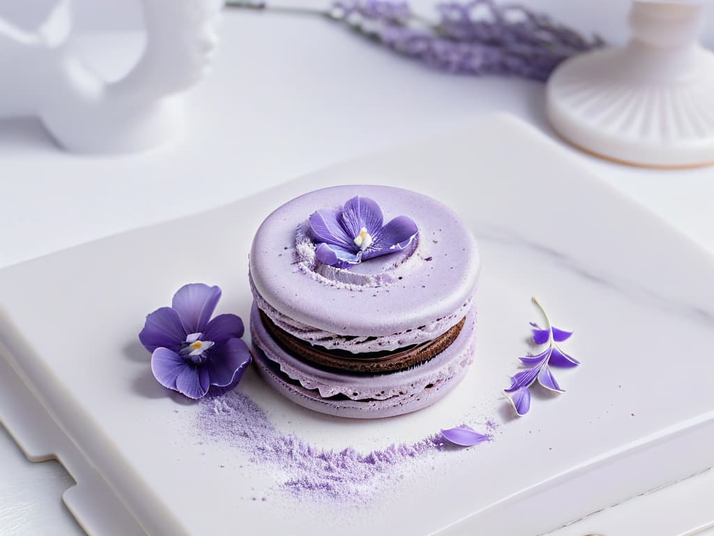  A closeup, ultradetailed photograph of a perfectly piped lavender macaron resting delicately on a sleek, modern marble surface. The macaron is exquisitely decorated with tiny, edible lavender petals, showcasing the intricate details and sublime beauty of this floralinspired dessert. The pastel purple hue of the macaron contrasts elegantly against the pristine white marble, creating a visually striking and minimalist composition that evokes a sense of sophistication and artistry. hyperrealistic, full body, detailed clothing, highly detailed, cinematic lighting, stunningly beautiful, intricate, sharp focus, f/1. 8, 85mm, (centered image composition), (professionally color graded), ((bright soft diffused light)), volumetric fog, trending on instagram, trending on tumblr, HDR 4K, 8K