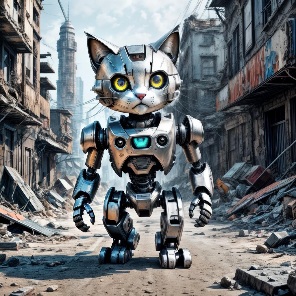  a robot cat walking in a post apocalypse city, RAW Photo, enhanced details, best quality, ultrahigh resolution, highly detailed, (sharp focus), masterpiece, (centered image composition), (professionally color graded), ((bright soft diffused light)), trending on instagram, trending on tumblr, HDR 4K