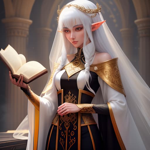  Create an artwork featuring six distinct characters, ensuring a mix of different races and clear distinctions between them: Very Small Human Priest: A very small human, dressed in elaborate white priestly robes. They have striking red hair and hold a staff adorned with mystical symbols. The robes are embroidered with intricate golden patterns. Their small stature contrasts with their commanding presence. Tall Elf with Dagger and Book: A tall and slender elf, elegant and mysterious. In one hand, they hold a beautifully crafted dagger with intricate designs. In the other hand, they hold a large, ancient book filled with arcane knowledge. Their long, black hair cascades over their shoulders. They wear a dark, flowing mantle covered in mysti hyperrealistic, full body, detailed clothing, highly detailed, cinematic lighting, stunningly beautiful, intricate, sharp focus, f/1. 8, 85mm, (centered image composition), (professionally color graded), ((bright soft diffused light)), volumetric fog, trending on instagram, trending on tumblr, HDR 4K, 8K