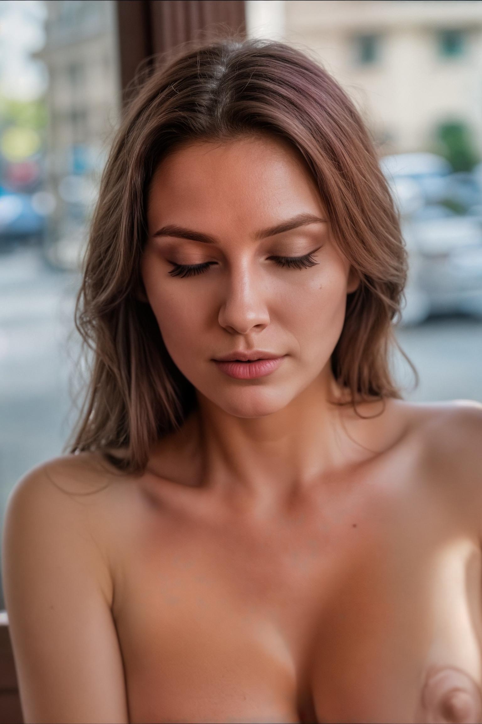  woman, Diamond Face, Close Set Eyes, [eyecolors violet], turned up nose shape, full lips, high cheekbones, weak receding chin, burgundy, lob, light blue, lip gloss, 15JeweleryMaterials 14Piercing , Small and droopy breasts, tired, hot, gorgerous, big breasts, outdoor, cleavage, portrait, lust, highly detailed, detailed skin, depth of field, film grain, ((masterpiece)), ((Realistic Vision)),((fine details)), RAW, 8K, UHD, natural lighting, perfect day, <lora:add detail:0.5>