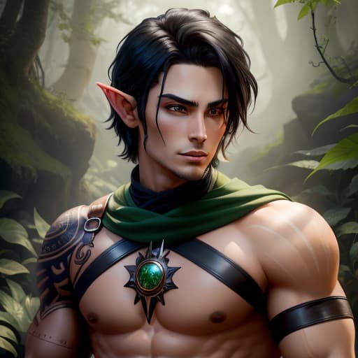  half-elf, male, ranger, short black hair, green eyes, tattoos, toned build, hyperrealistic, high quality, highly detailed, perfect lighting, intricate, sharp focus, f/1. 8, 85mm, (centered image composition), (professionally color graded), ((bright soft diffused light)), trending on instagram, HDR 4K, 8K