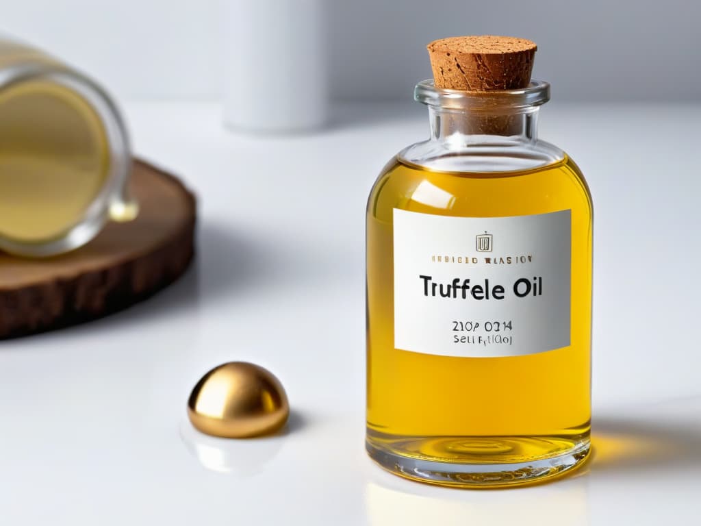  A closeup, ultradetailed image of a small glass bottle filled with golden truffle oil, set against a stark white background. The light catches the oil, showcasing its luxurious sheen and capturing the intricate details of the bottle's label. The delicate droplets of oil are visible on the surface, creating a sense of indulgence and sophistication, perfect for the upscale theme of the article. hyperrealistic, full body, detailed clothing, highly detailed, cinematic lighting, stunningly beautiful, intricate, sharp focus, f/1. 8, 85mm, (centered image composition), (professionally color graded), ((bright soft diffused light)), volumetric fog, trending on instagram, trending on tumblr, HDR 4K, 8K