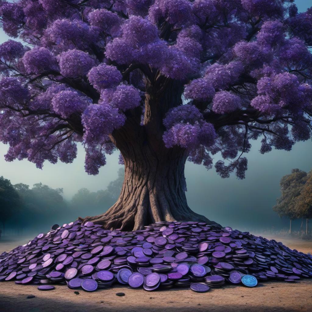  A scraggly tree on which there grow many laptops and phones, hundreds of people watching these laptops, on the tree have grown many purple and blue coins, around the tree are dozens of people. hyperrealistic, full body, detailed clothing, highly detailed, cinematic lighting, stunningly beautiful, intricate, sharp focus, f/1. 8, 85mm, (centered image composition), (professionally color graded), ((bright soft diffused light)), volumetric fog, trending on instagram, trending on tumblr, HDR 4K, 8K