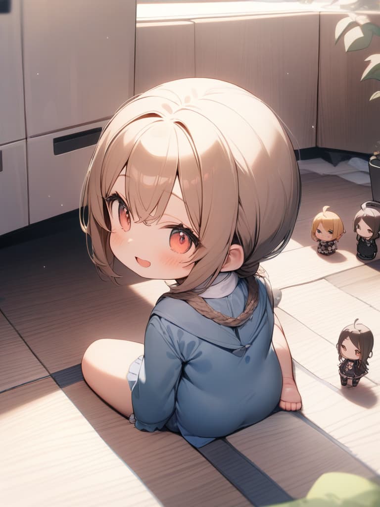  (((Wariza: 1.5, Sitting Down Floor, Looking Back, INFANT BODY SHAPE, Chibi Chara))), Mini Characters, ((Made: 1.2)), Open Mouth Smile, 💩, masterpiece, best quality,8k,ultra detailed,high resolution,an extremely delicate and beautiful,hyper detail